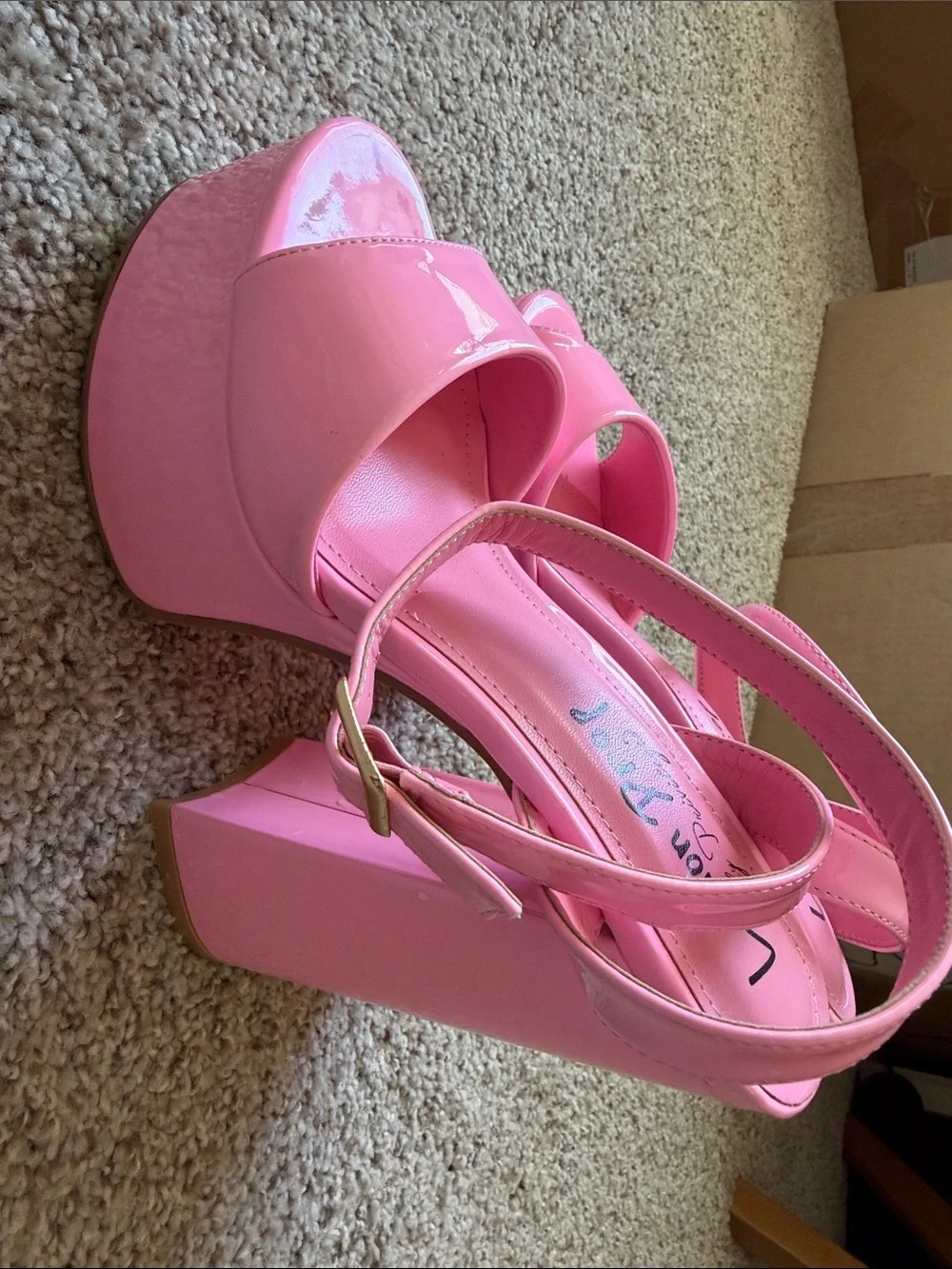 Lemon Drop Pink Platform Block Heel Sandals with Ankle Strap